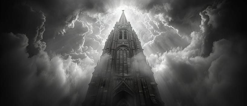 Gothic Church Spire Reaching Upward into a Cloudy Sky, The spire blurs into the heavens, a Gothic symbol of aspiration and belief.
