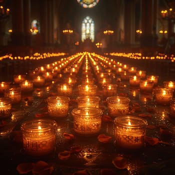 Glowing Candles in a Darkened Sanctuary Signifying Light and Guidance, The soft light blurs into a symbol of warmth and divine presence.