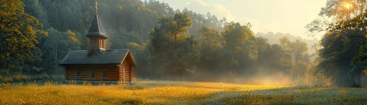 Rustic Wooden Chapel Nestled in Serene Nature, The outline of the humble structure merges with the tranquility of its surroundings.