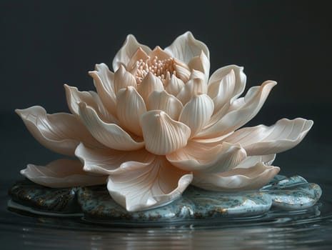 Buddhist Lotus Flower Sculpture Emerging from Water, The flower's shape softens into the surface, signifying purity and spiritual unfolding.