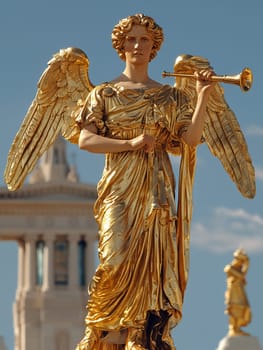 Mormon Angel Moroni Statue Trumpeting atop a Temple, The figure blends with the sky, a herald of faith and the Latter-Day Saints.