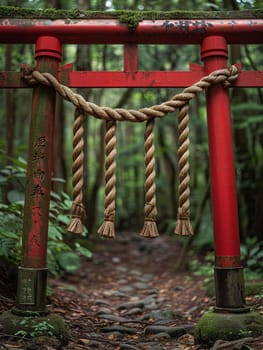 Shinto Sacred Rope Marking the Entrance to a Spiritual Space, The rope blends into the shrine, demarcating a boundary of purity and the divine.