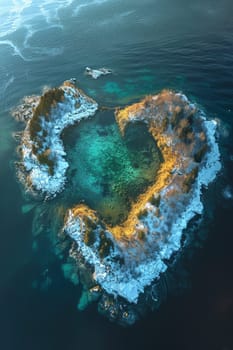 An island in the sea in the shape of a heart.