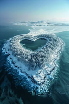 An island in the sea in winter in the shape of a heart.