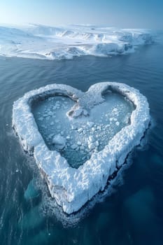 An island in the sea in winter in the shape of a heart.