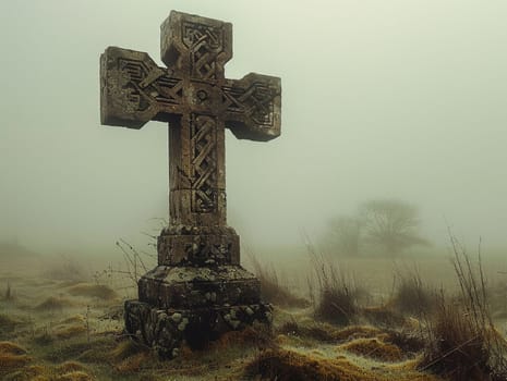 Celtic Cross Standing Solitary in a Misty Field, The cross melds into the morning mist, symbolizing faith and Celtic heritage.