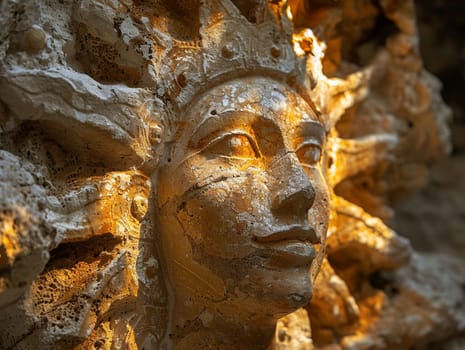 Sun God Inti Carvings Bathed in Golden Light, The deity's image blends with the stone, a testament to ancient reverence and power.
