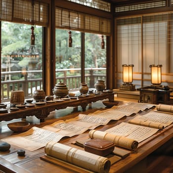 Confucian Scrolls Displayed in a Scholar's Study, The text blurs into paper, signifying wisdom and the pursuit of knowledge.