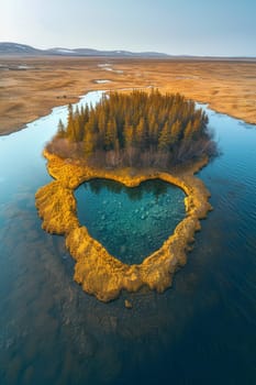 An island in the sea in the shape of a heart.