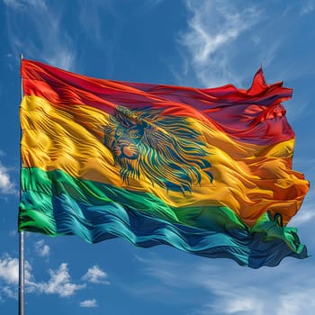 Rasta Lion of Judah Flag Fluttering in a Soft Breeze, The flag's colors blur, symbolizing the Rastafarian movement and Ethiopian roots.