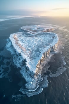 An island in the sea in winter in the shape of a heart.