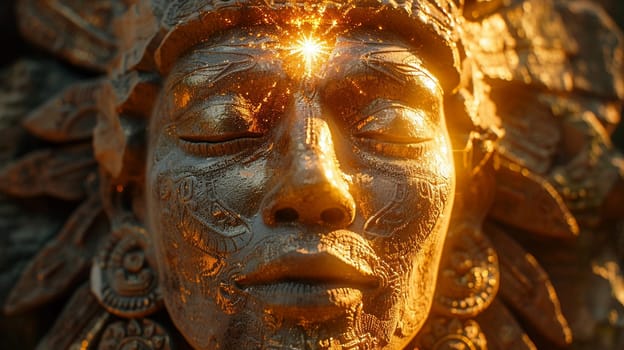 Sun God Inti Carvings Bathed in Golden Light, The deity's image blends with the stone, a testament to ancient reverence and power.