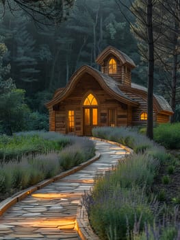 Rustic Wooden Chapel Nestled in Serene Nature, The outline of the humble structure merges with the tranquility of its surroundings.