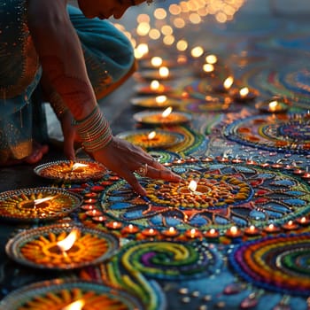 Colorful Hindu Festival Rangoli Blurring into Artistic Devotion, The intricate patterns spread into a vibrant display of culture and prayer.