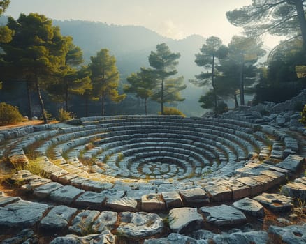 Greek Amphitheater Echoing Ancient Philosophical Debates, The stone tiers blur into a historical venue for thought and discourse.