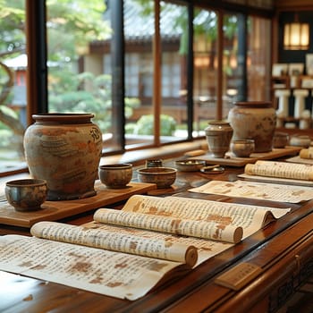 Confucian Scrolls Displayed in a Scholar's Study, The text blurs into paper, signifying wisdom and the pursuit of knowledge.