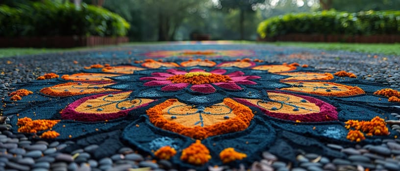 Colorful Hindu Festival Rangoli Blurring into Artistic Devotion, The intricate patterns spread into a vibrant display of culture and prayer.