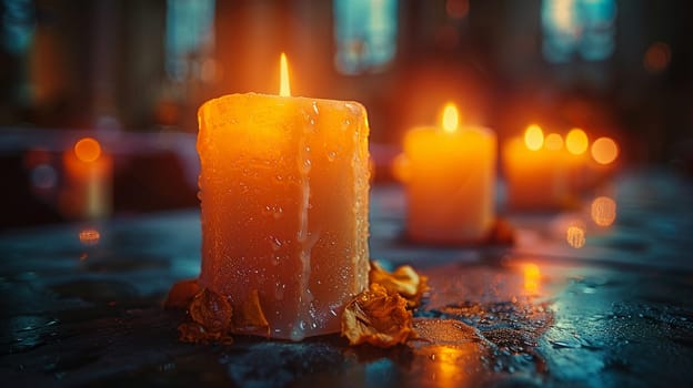 Glowing Candles in a Darkened Sanctuary Signifying Light and Guidance, The soft light blurs into a symbol of warmth and divine presence.