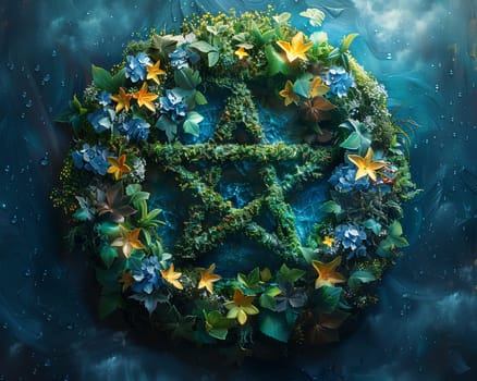 Wiccan Pentacle Embraced by a Circle of Nature's Elements, The starry symbol blurs into the earth, representing life and cosmic harmony.
