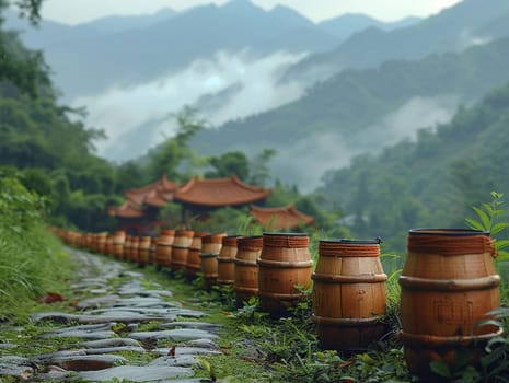 Buddhist Prayer Wheels Spinning Alongside a Mountain Path, The motion blur suggests the ongoing prayers and spirituality of the faithful.