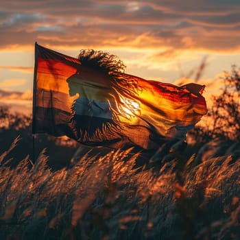 Rasta Lion of Judah Flag Fluttering in a Soft Breeze, The flag's colors blur, symbolizing the Rastafarian movement and Ethiopian roots.