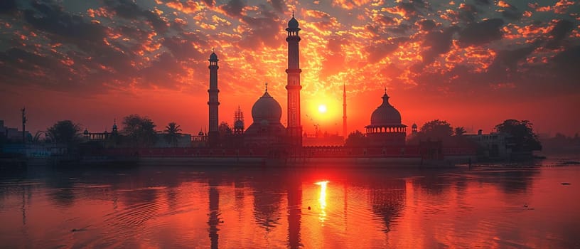 Islamic Minaret Towering Above a Historic City, The tower's silhouette merges with the sky, calling the faithful to prayer.