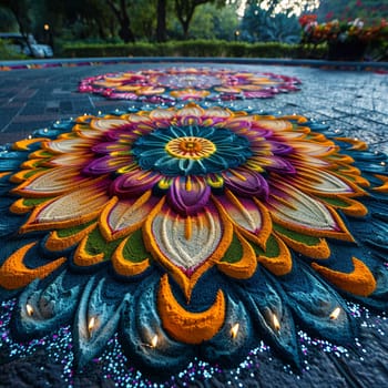 Colorful Hindu Festival Rangoli Blurring into Artistic Devotion, The intricate patterns spread into a vibrant display of culture and prayer.