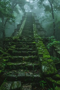 Mayan Pyramid Edges Blurring into a Jungle Canopy, The structure's silhouette merges with the foliage, a relic of Mesoamerican spirituality.