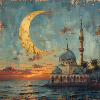 Islamic Crescent Moon Rising Over a Quiet Mosque, The celestial symbol blends into the twilight, marking the significance of time and worship.
