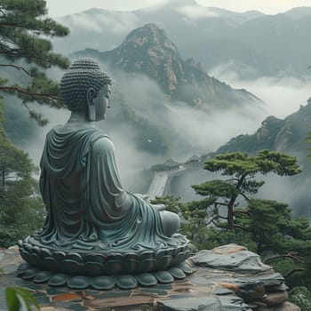 Giant Buddha Statue Overlooking a Misty Landscape, The majestic figure merges with the fog, a sentinel of peace and enlightenment.