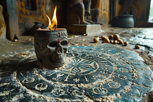 Vodou Veve Symbols Drawn in Flour for a Ceremony, The intricate lines spread out, carrying the power of connection to the divine.