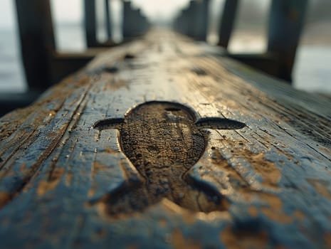 Christian Fish Symbol Etched onto a Weathered Pier, The simple outline blends into the wood, signifying faith and fellowship.