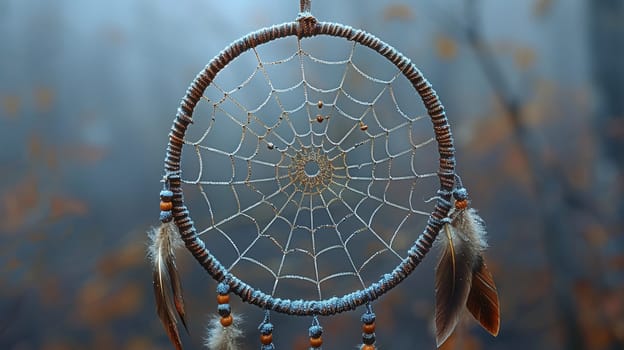Native Dream Catcher Swirling in the Wind, The intricate web merges with the air, a protector of sleep and a catcher of dreams.