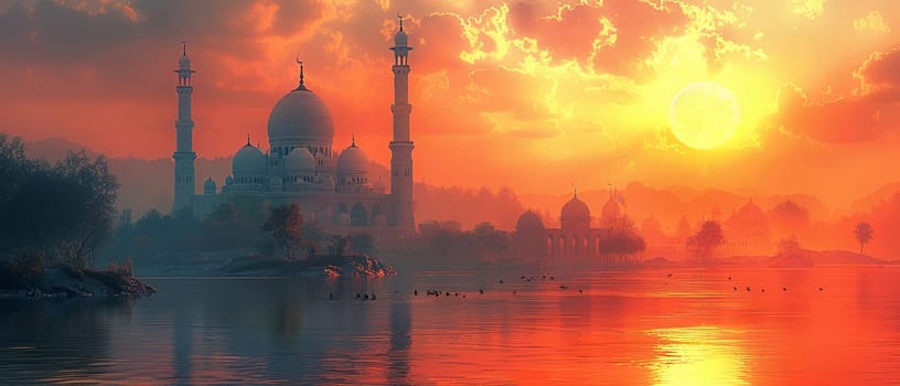 Islamic Minaret Towering Above a Historic City, The tower's silhouette merges with the sky, calling the faithful to prayer.