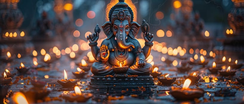 Ganesha Idol Serenely Sitting Among Diwali Lights, The blurred glow of lamps creates an atmosphere of celebration and worship.