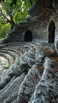 Greek Amphitheater Echoing Ancient Philosophical Debates, The stone tiers blur into a historical venue for thought and discourse.