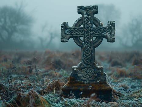 Celtic Cross Standing Solitary in a Misty Field, The cross melds into the morning mist, symbolizing faith and Celtic heritage.