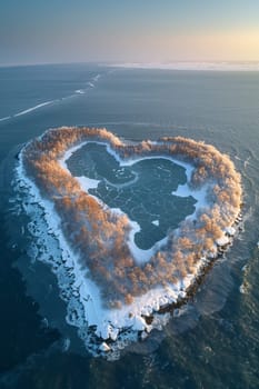 An island in the sea in winter in the shape of a heart.