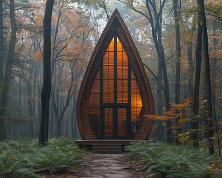 Rustic Wooden Chapel Nestled in Serene Nature, The outline of the humble structure merges with the tranquility of its surroundings.