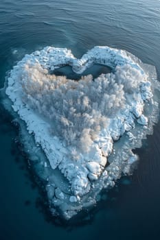 An island in the sea in winter in the shape of a heart.