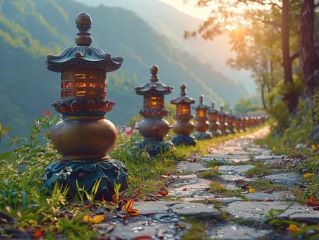 Buddhist Prayer Wheels Spinning Alongside a Mountain Path, The motion blur suggests the ongoing prayers and spirituality of the faithful.