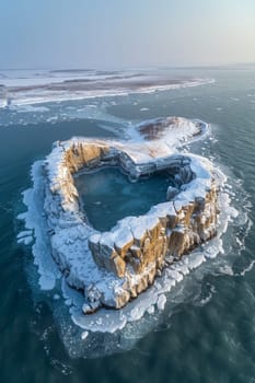 An island in the sea in winter in the shape of a heart.