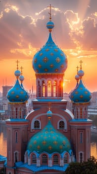 Orthodox Russian Onion Domes Against a Blurred Sky, The domes meld with the clouds, iconic of Russia's religious architecture and faith.