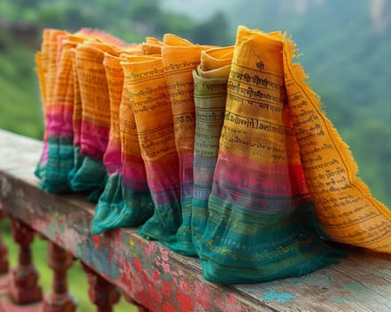 Hare Krishna Maha Mantra on Faded Prayer Flags, The words blur into the fabric, spreading spiritual vibrations to all surroundings.