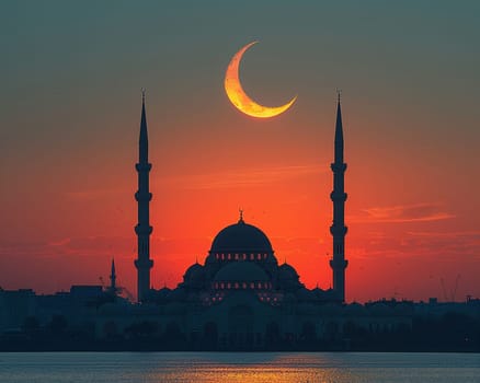 Islamic Crescent Moon Rising Over a Quiet Mosque, The celestial symbol blends into the twilight, marking the significance of time and worship.