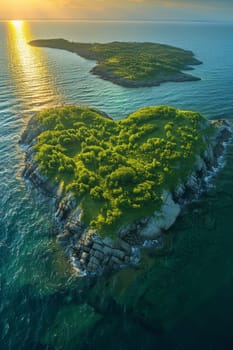 An island in the sea in the shape of a heart in summer.