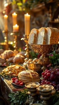 Holy Communion Elements Prepared on an Altar, The bread and wine slightly out of focus, highlighting the sacredness of the ritual.