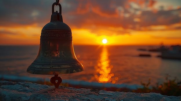 Brass Church Bell Silhouetted Against the Sunset, The bell merges with the dusk, a traditional call to prayer and gathering.