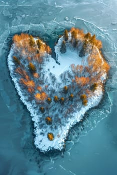 An island in the sea in winter in the shape of a heart.