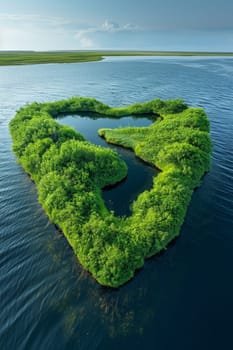 An island in the sea in the shape of a heart in summer.